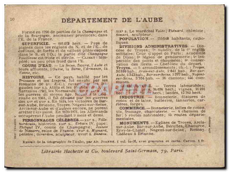 Aube - Souvenir - Carte de la Region - CPA  — Rückseite