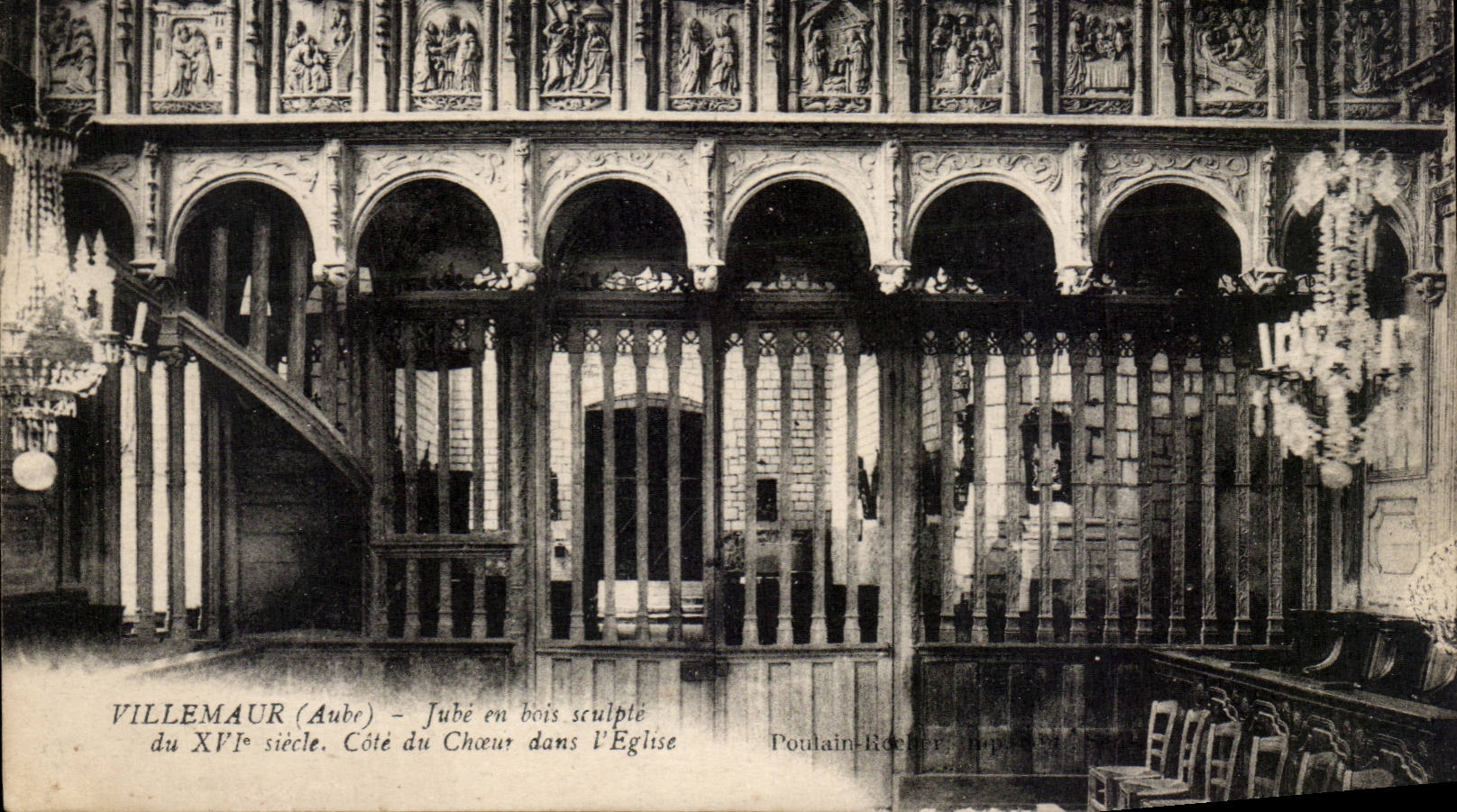 Villemaur (Aube) — Jubé en bois sculpté du XVIe siècle, côté du chœur dans l'église — Poulain-Roche