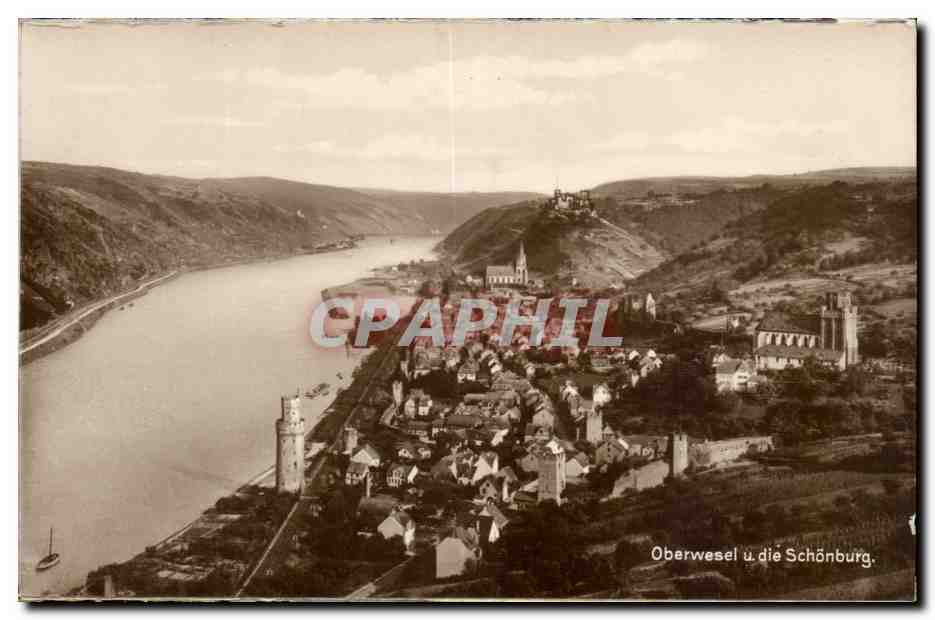 Oberwesel u. die Schönburg — vue aérienne du village et de la forteresse sur les rives du Rhin — éditeur Trinks & Cu.
