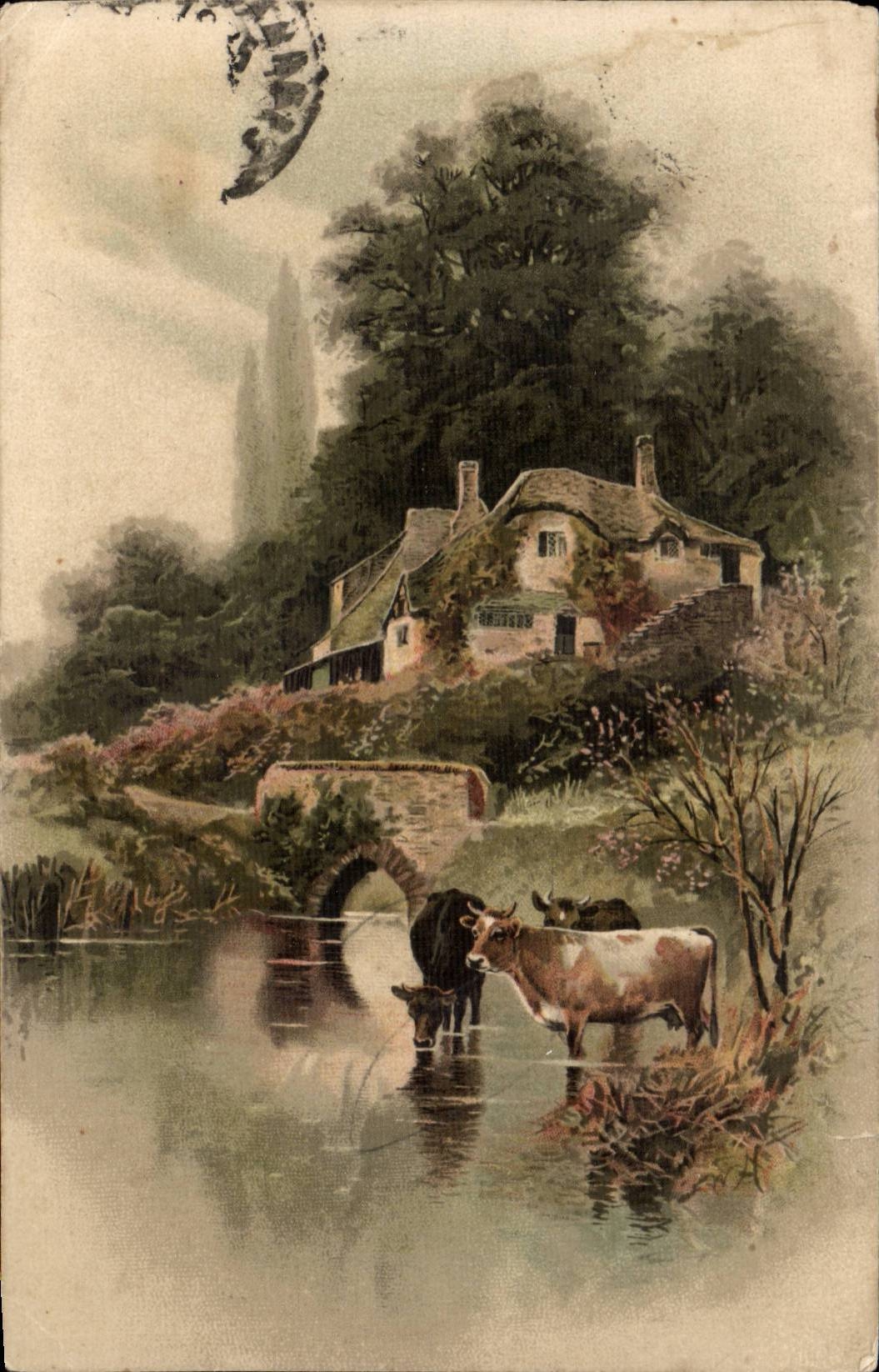CPA Fantaisie Village et vaches