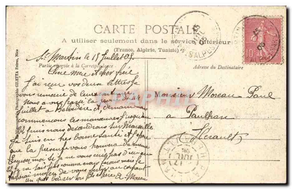 Vallée de la Yésubie — St-Martin-Yésubie — Édition Giletta, Nice, n°1239 — Verso