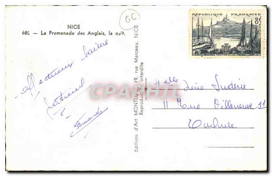 Nice - Promenade des Anglais - la nuit - CPA  — Verso