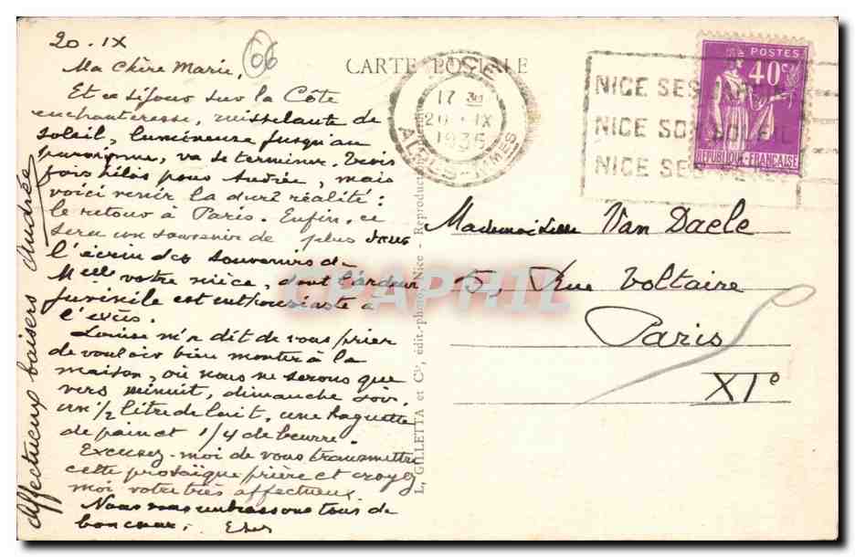 Nice CPA Baie des anges entre les fleurs — Verso