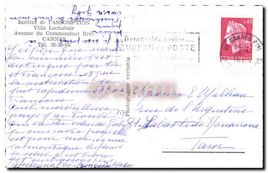 Cannes - Institut de l'assomption - Villa Lochabair - Avenue du Commandant Bret - CPA  — Verso