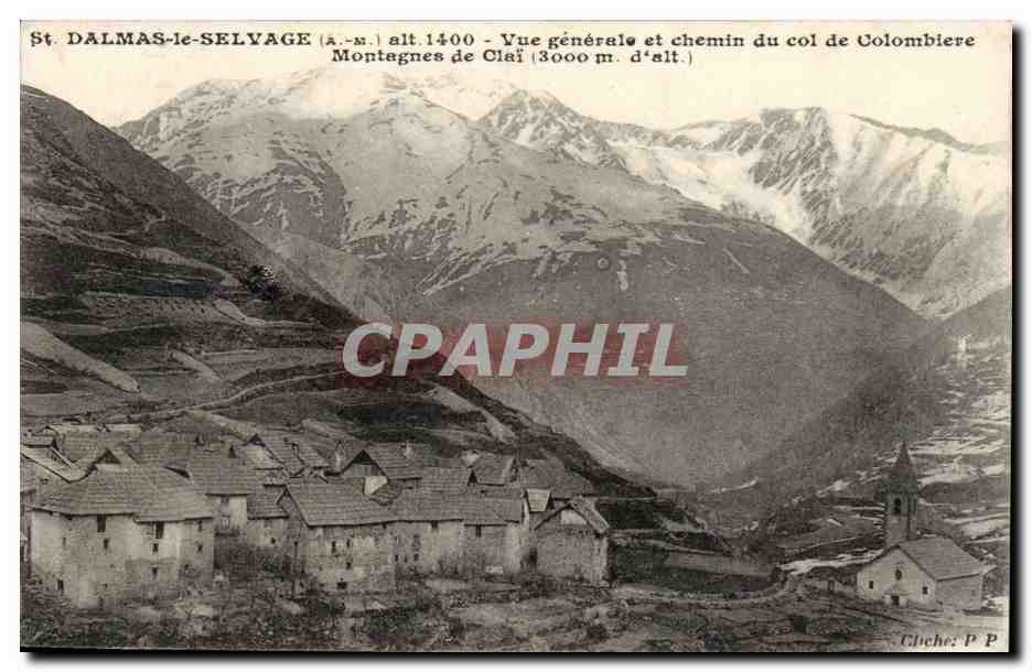 St. DALMAS-LE-SELVAGE (A.-M.) alt. 1400 — Vue générale et chemin du col de Colombière — Montagnes de Clai (3000 m. d'alt.) — Gliche: P P
