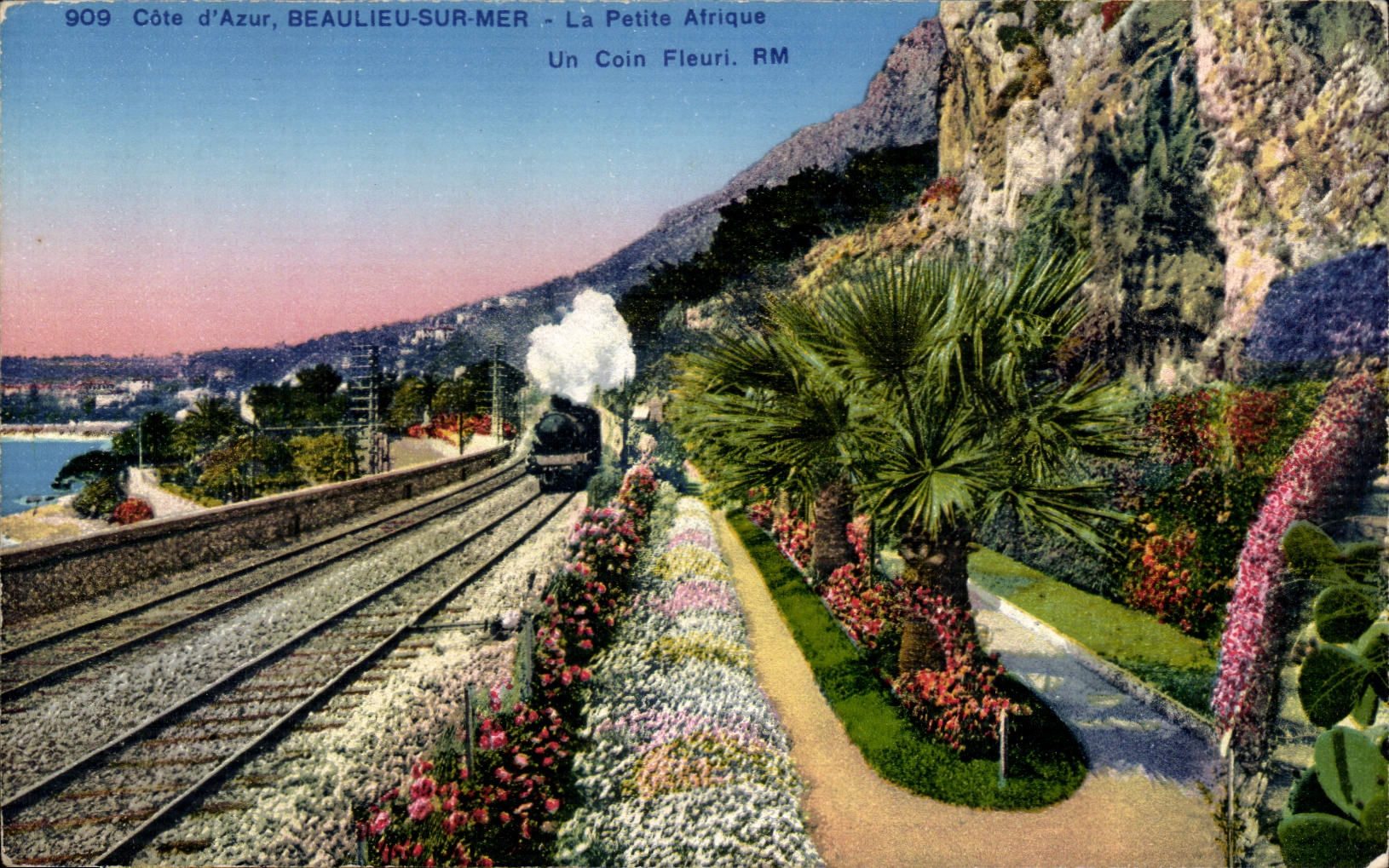Beaulieu sur Mer CPA le petite Afrique Un coin fleuri (train)