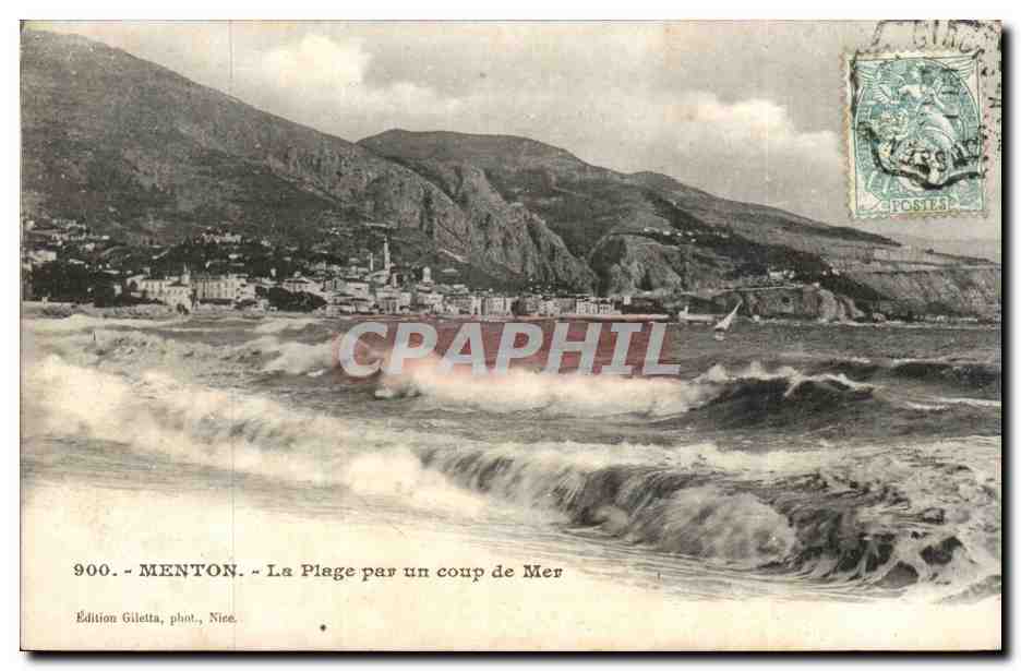 Menton - La Plage par un coup de Mer - CPA 