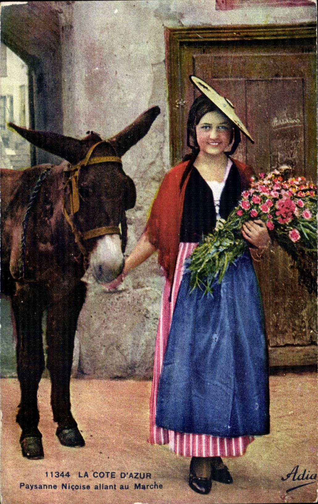 Nice - Paysanne Nicoise allant au Marche - fille - ane - donkey - CPA 