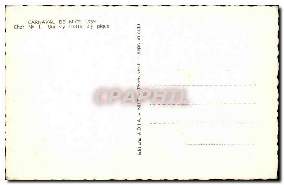 Nice CPM Carnaval 1955 Char n°1 Qui s'y frotte s'y pique — Rückseite