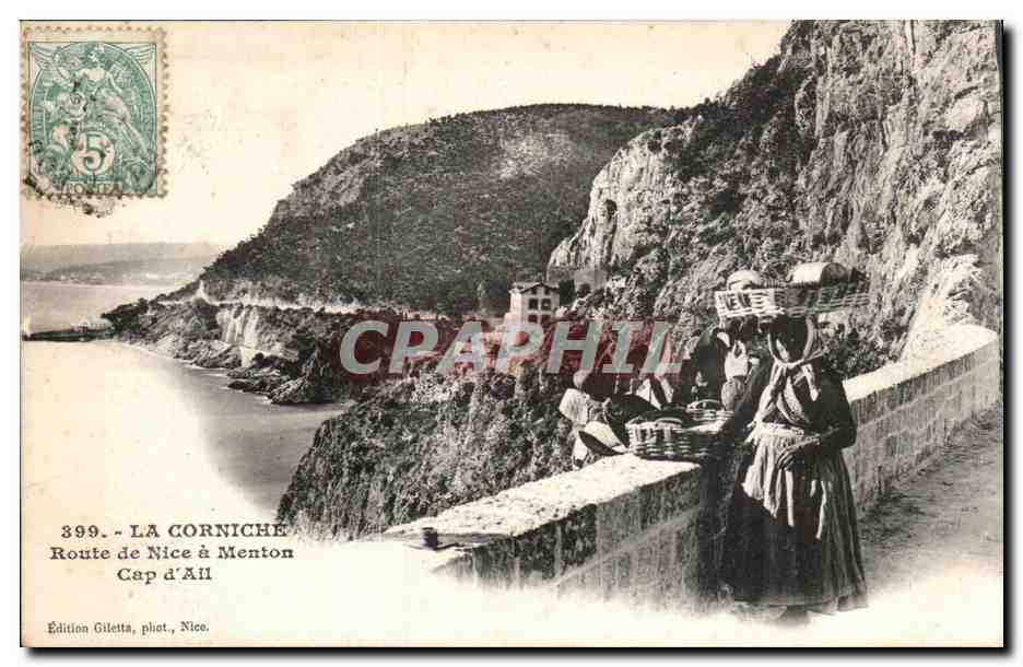 La Corniche — Route de Nice à Menton, Cap d'Ali — Édition Giletta, phot. Nice, n°399