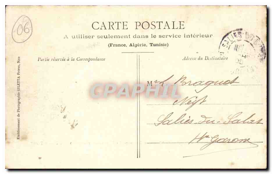 Castillon CPA Route de Menton a Sospel  — Rückseite