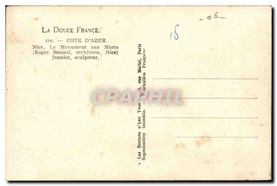 Nice CPA Le monument aux morts (Seassal Janniot) — Verso