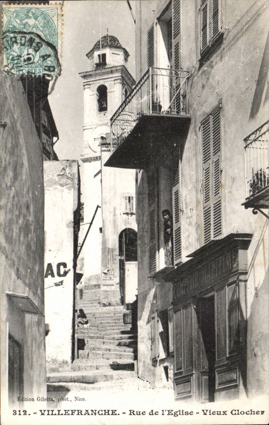 Villefranche-sur-Mer — Rue de l'Église et Vieux Clocher — Édition Giletta, phot., Nice, n° 312