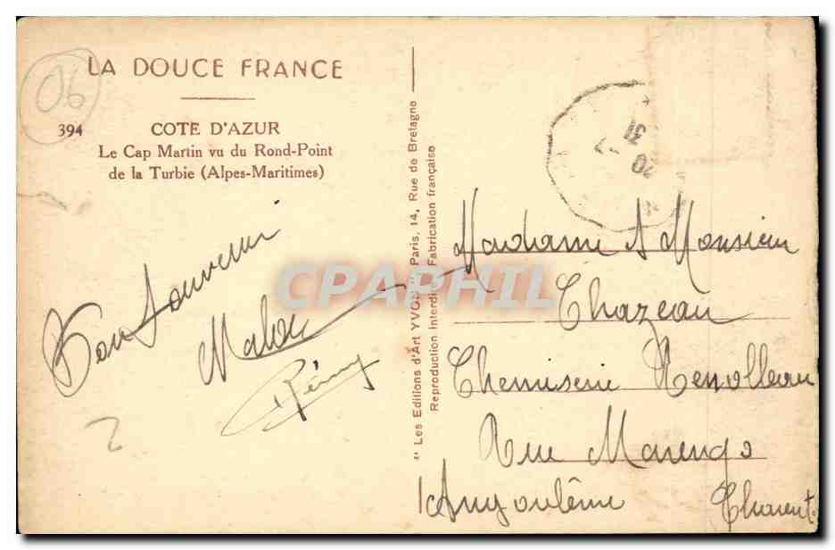 Il Capo Martin visto dal Rond-Point de la Turbie (Alpi Marittime) — La Douce France, n°394 — Verso