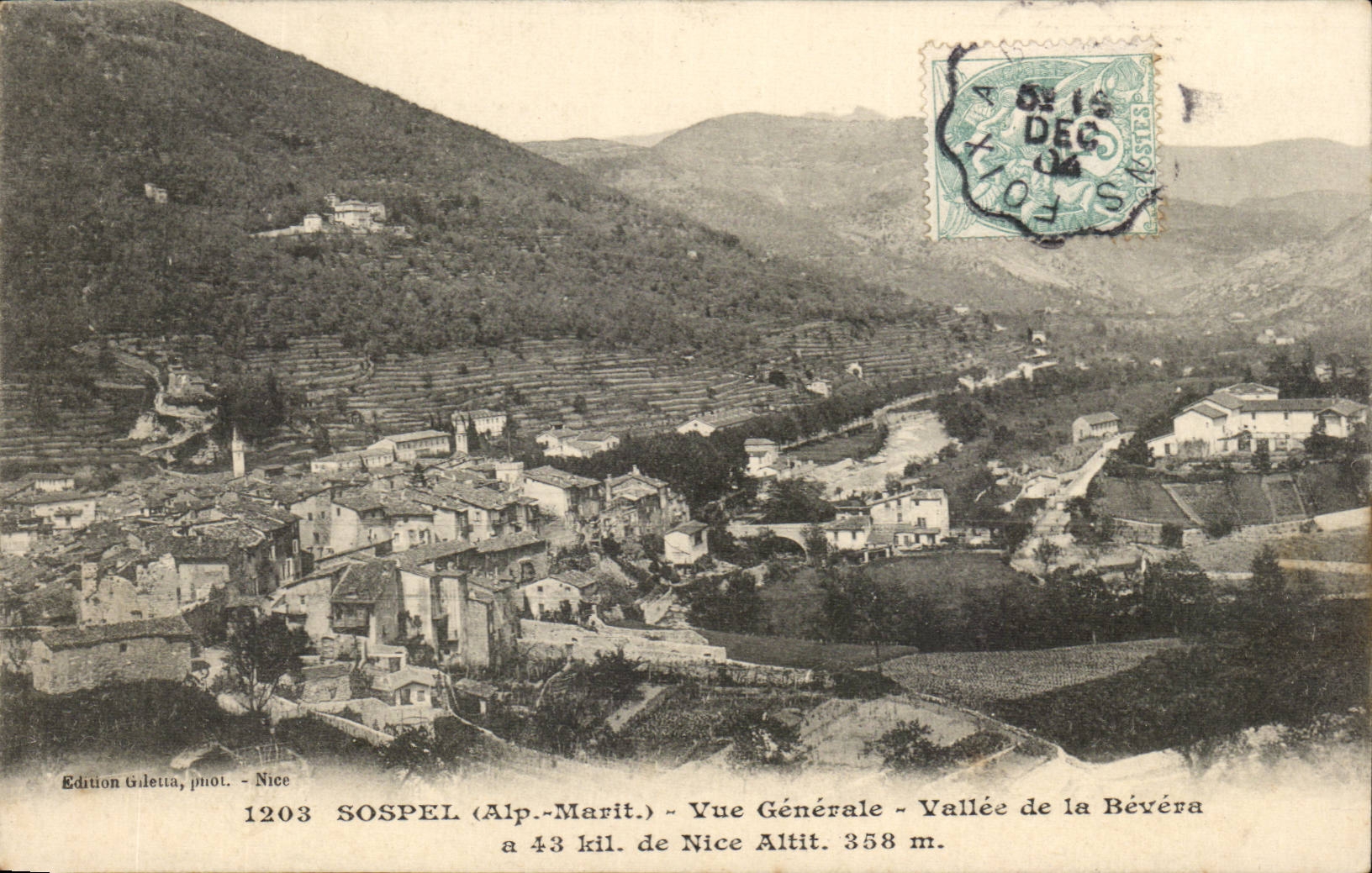 Sospel (Alp.-Marit.) — Vue Générale — Vallée de la Bévéra — Édition Guleta, phot. Nice, n° 1203