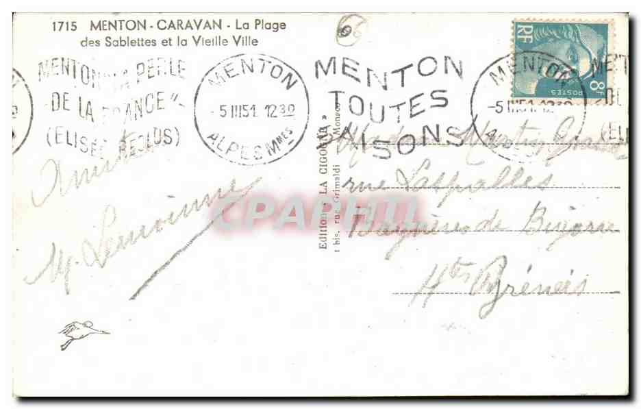 Menton - Caravan - La Plage les Sablettes et la Vieille Ville - CPA  — Rückseite