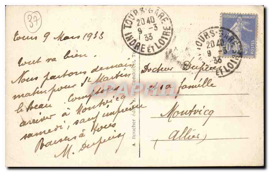 Tours CPA le coteau de Saint Symphorien et l'ecole normale de jeunes filles vus de l'ile Aucard — Rückseite