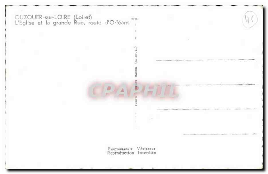 Ouzouer sur Loire CPA L'eglise et la grande rue Route d'Orleans — Rückseite