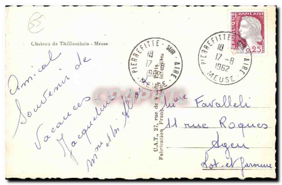 Castillo de Thillombois — Meuse — editor U.A.T. - n°55 — Reverso