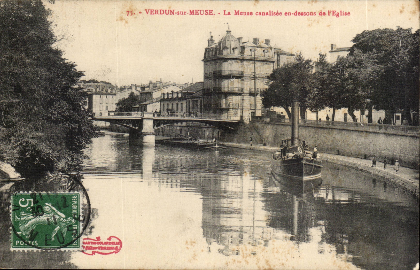 Verdun-sur-Meuse — La Meuse canalisée en-dessous de l'Église — Carte postale n°75, éditée par Martis-Colardelle