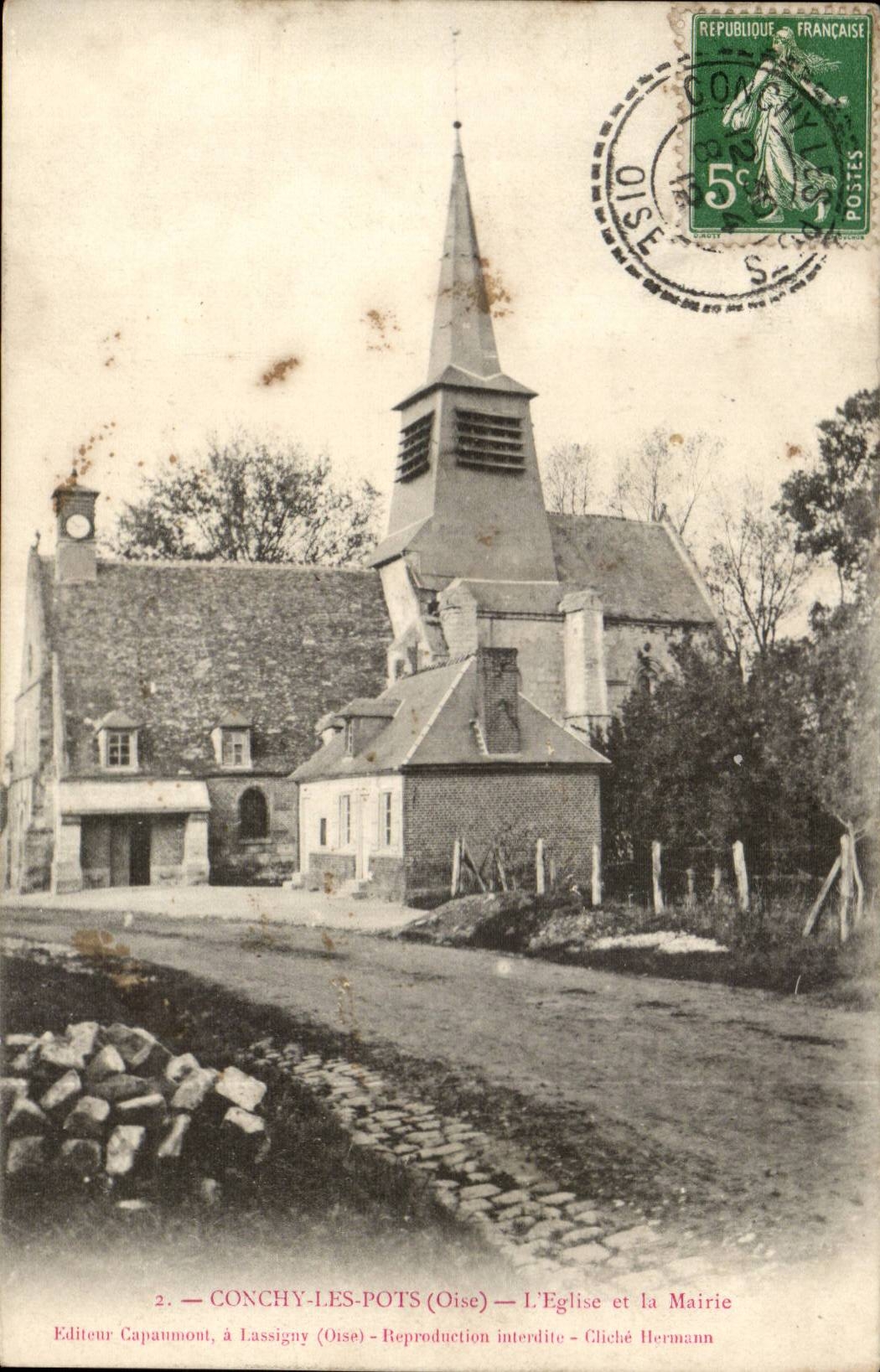 Conchy-les-Pots (Oise) — L'Église et la Mairie — Éditeur Capaumont, à Lassigny (Oise)