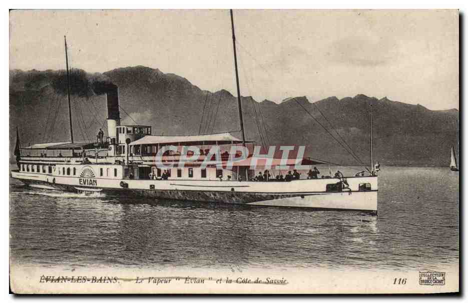 Vintage Postcard Évian-les-Bains The Steamship Évain and the Shore of Savoie (Boat)