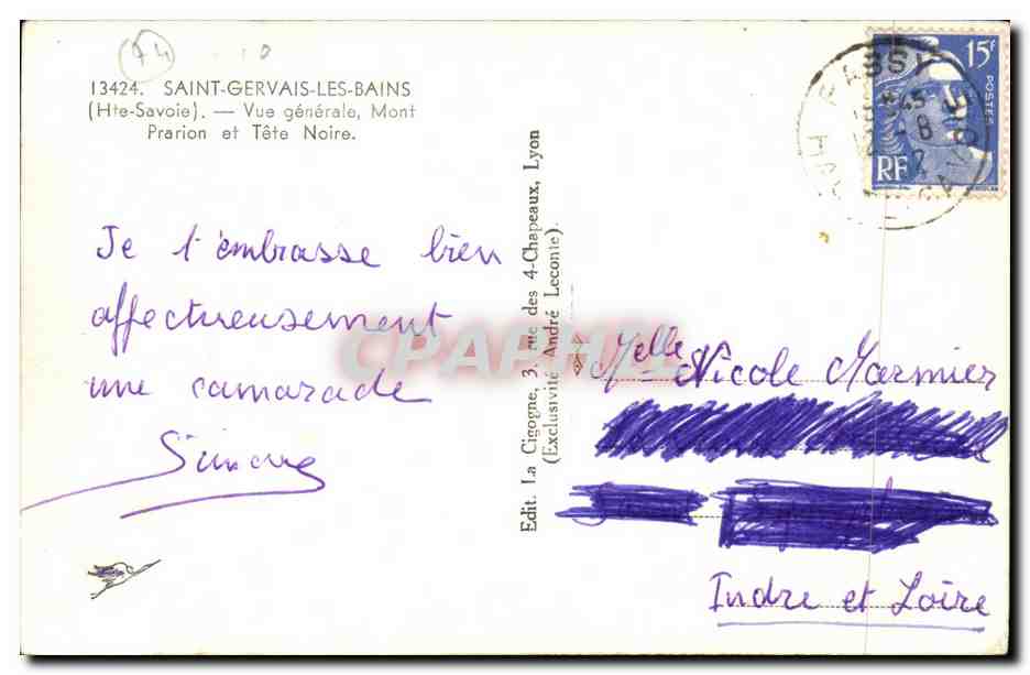 Cigogne — Vista general, Mont Prarion y Tête Noire — Ed. La Cigogne (Exclusividad André Lecoin) — Reverso