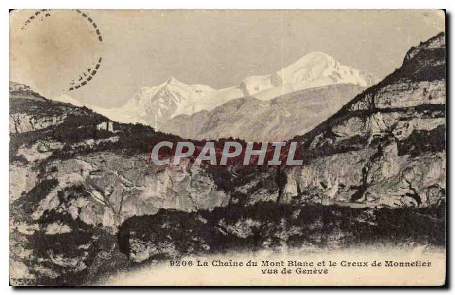 La Chaîne du Mont Blanc et le Creux de Monnetier vus de Genève — CPAPHIL n°9206