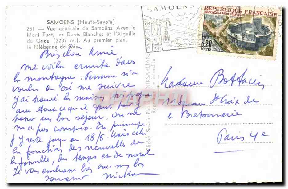 Vue générale de Samoëns — Mont Tuet, Dents Blanches, Aiguille du Criou, télécabine — J. Niks — Reverso