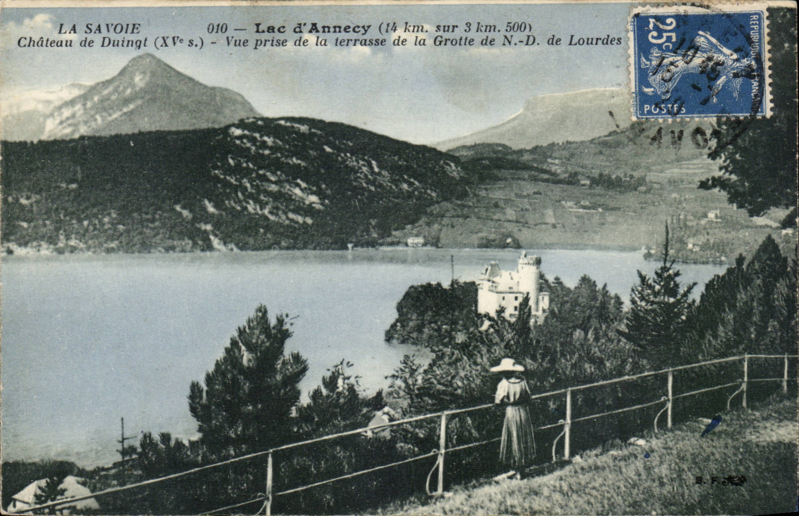 Lac d'Annecy — Vue prise de la terrasse de la Grotte de N.-D. de Lourdes — Château de Duingt (XVe s.) — Éditeur : C. F. P. (n° 010)
