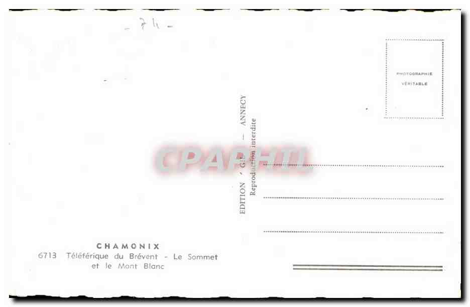 Téléphérique du Brévent - Le Sommet et le Mont Blanc — Édition G. Annecy, n° 6713 — Back