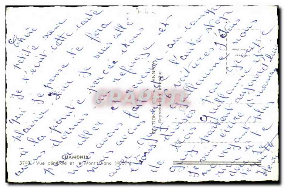 Chamonix — Allgemeine Ansicht und Mont Blanc — Edition G. Annebey, n° 3742 — Rückseite