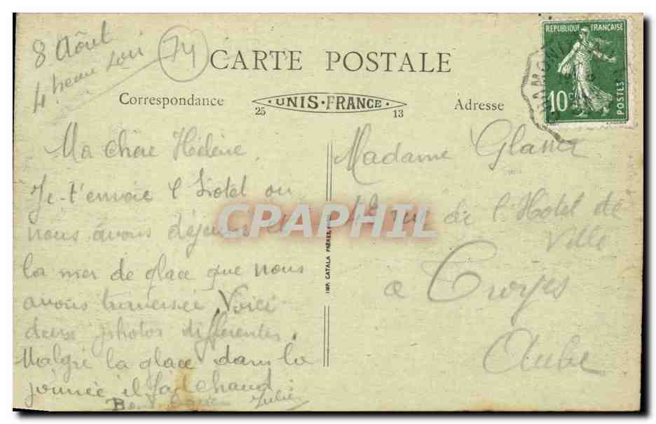 CPA Chamonix Hotel et gare de Montenvers et la mer de glace — Verso
