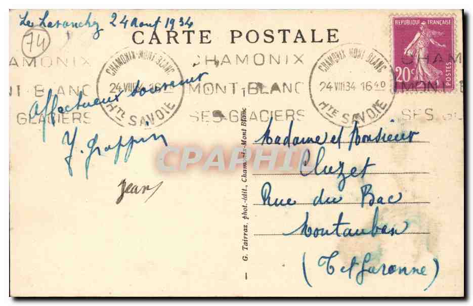 Chamonix-Mont-Blanc — vue de l'Hôtel-Pension Beau-Séjour au Lavancher — G. Tairras, phot.-édit. — Verso