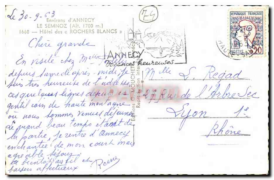 Le Semnoz (Alt. 1700 m.) — Hôtel des « Rochers Blancs » — Éditions G. Mouchet — Rückseite
