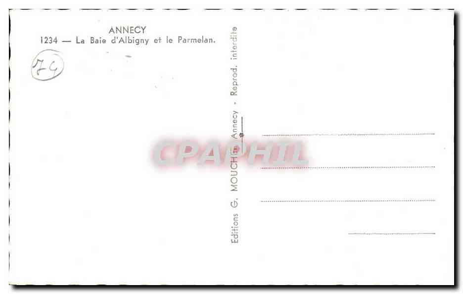 Annecy — La Baie d'Albigny et le Parmelan — Éditions G. Mouchet, Annecy, n° 1234 — Verso