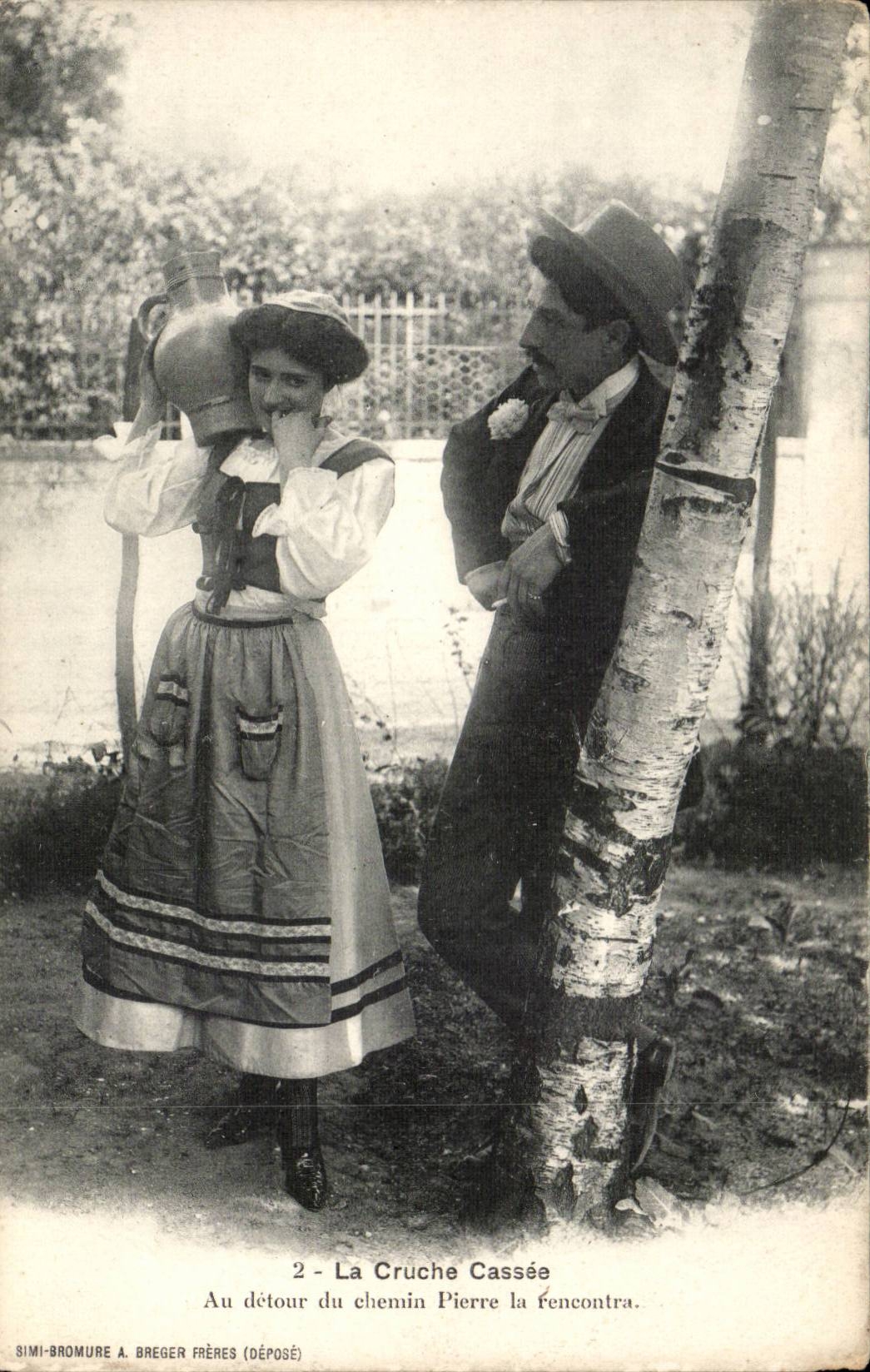 CPA La cruche cassee Au detour du chemin Pierre la rencontra (folklore femme)