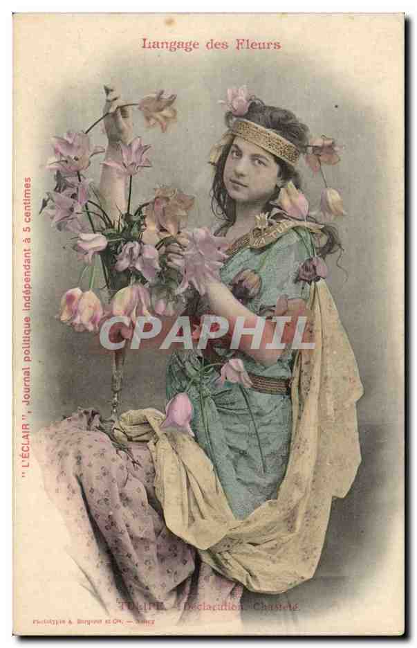 Jeune femme en robe bleue tenant des fleurs — Liangage des Fleurs — Phototype A. Bingen & Cie, Toulouse