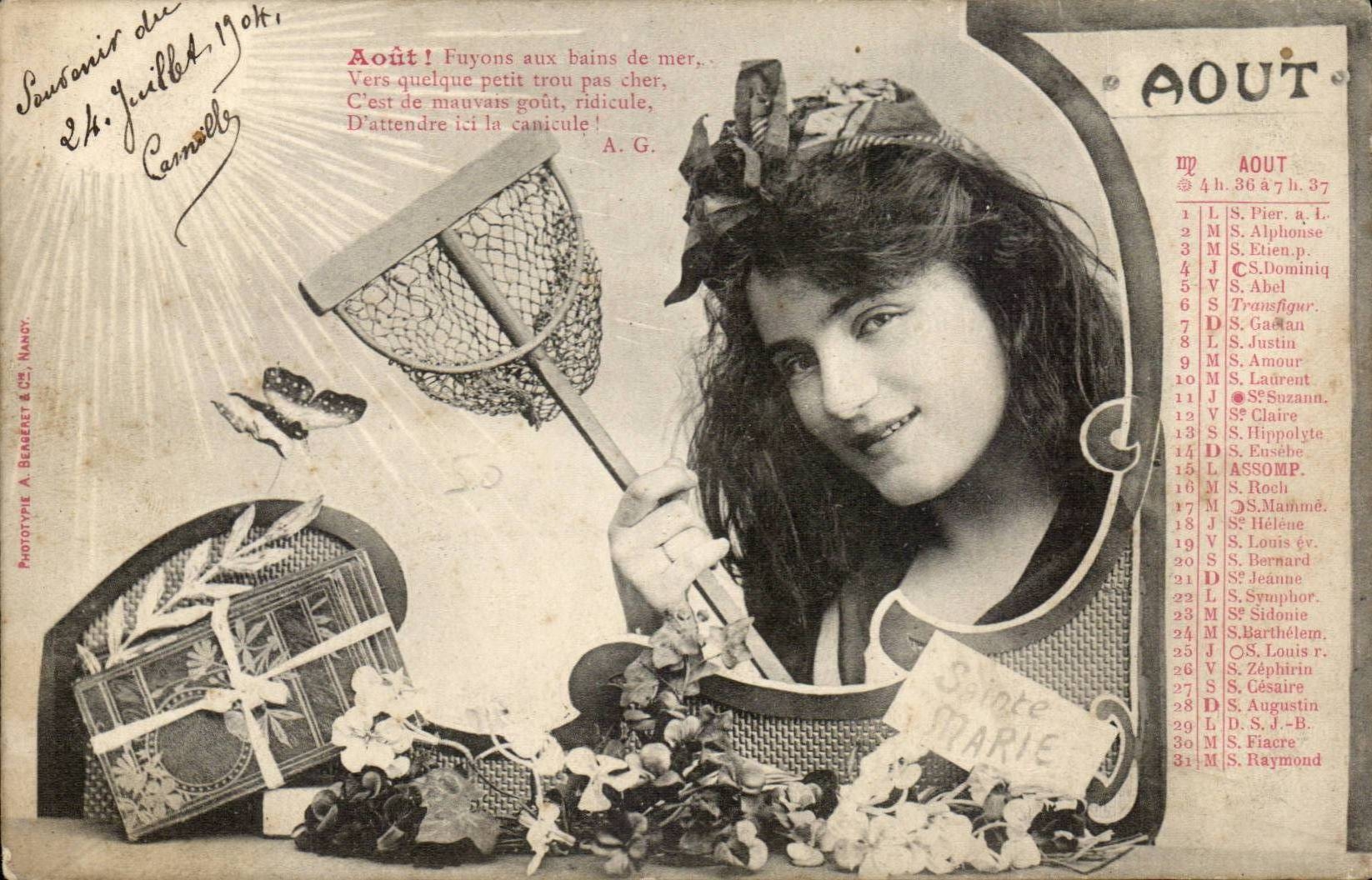 Sainte-Marie — calendrier d'août 1904 — Phototype A. BERNÉT à Nancy