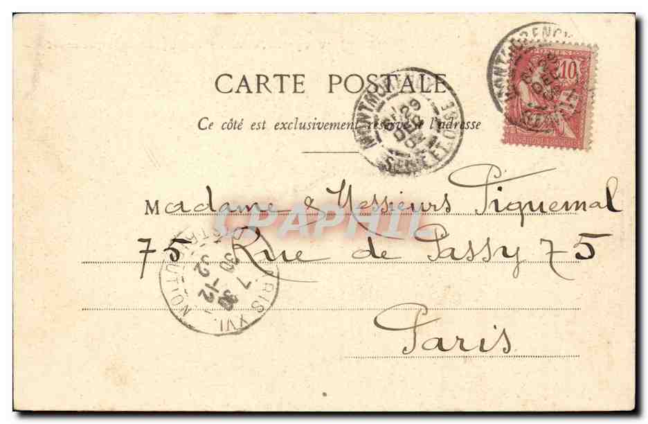 Kind und alte Frau — humorvoller Szene mit Kirche und Jahr 1903 — Phototypie A. Burget et Cie, Nancy — Rückseite