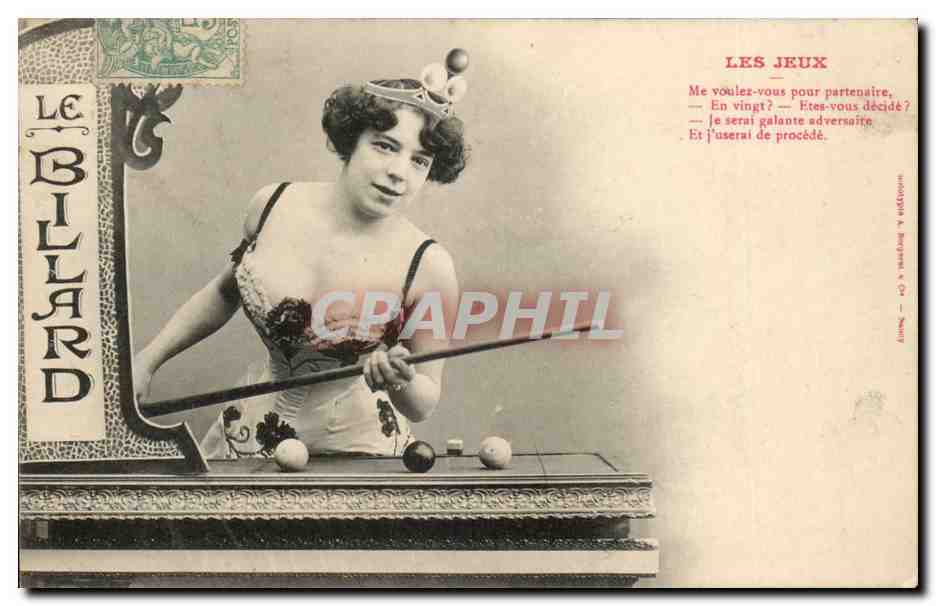 Jeune femme en tenue de billard — 'Les Jeux' — Éditeur : V. Lévy & Cie, Paris