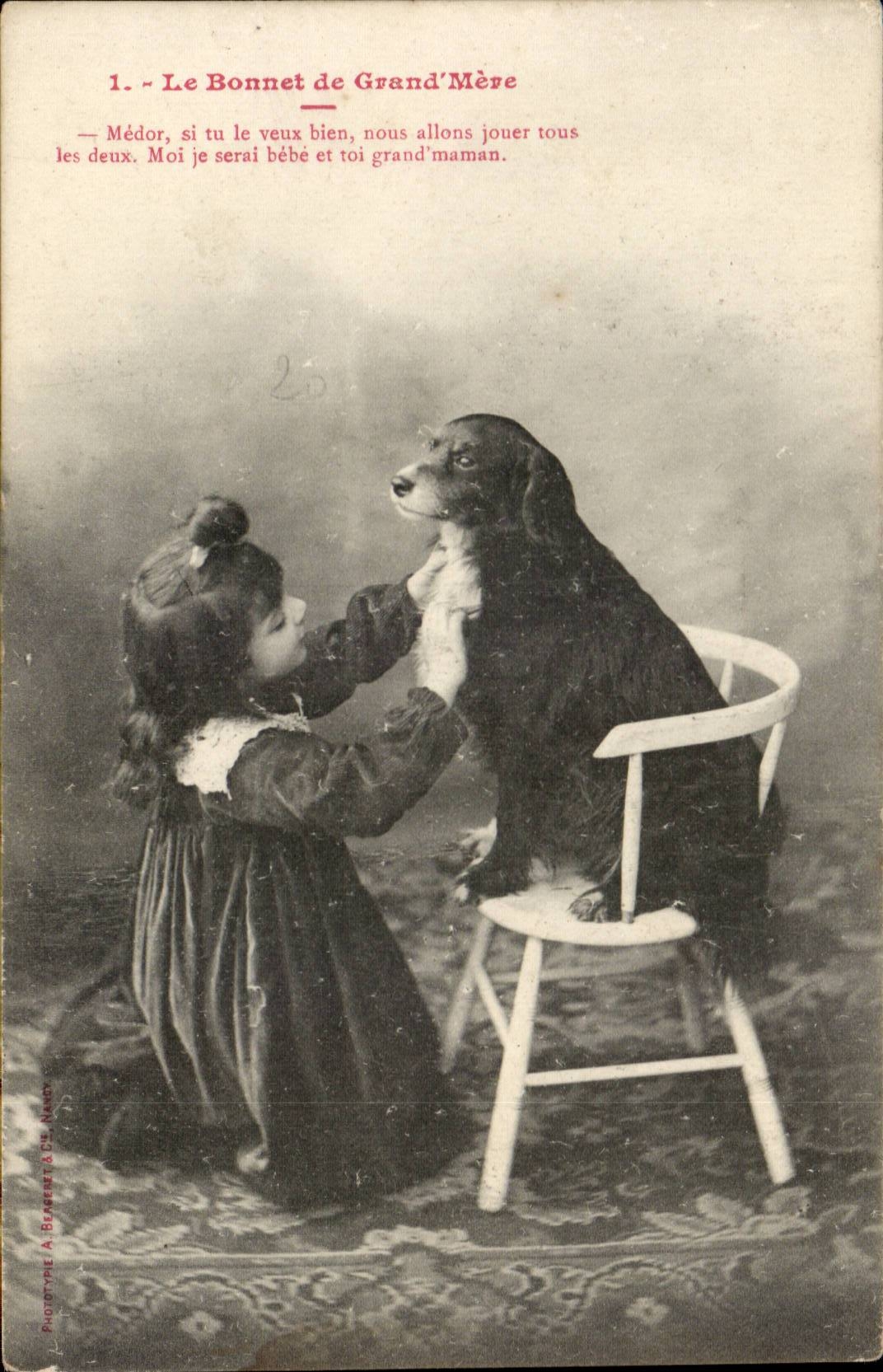 Le Bonnet de Grand'Mère — scène d'enfant et chien — Phototype A. Beauret & Cie, Nancy