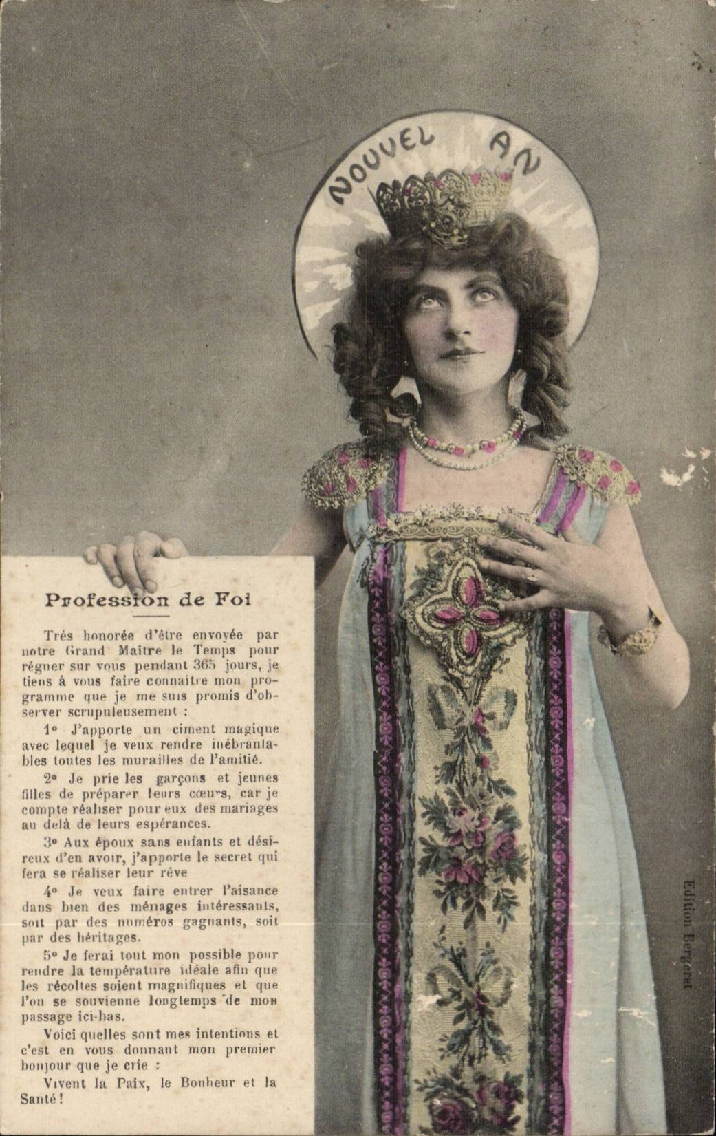 Nouvel An — Femme en robe ornée tenant une proclamation — Édition Berger