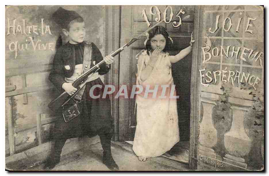 CPA Fantaisie Enfants Joie bonheur Esperance Halte la qui vive 1905