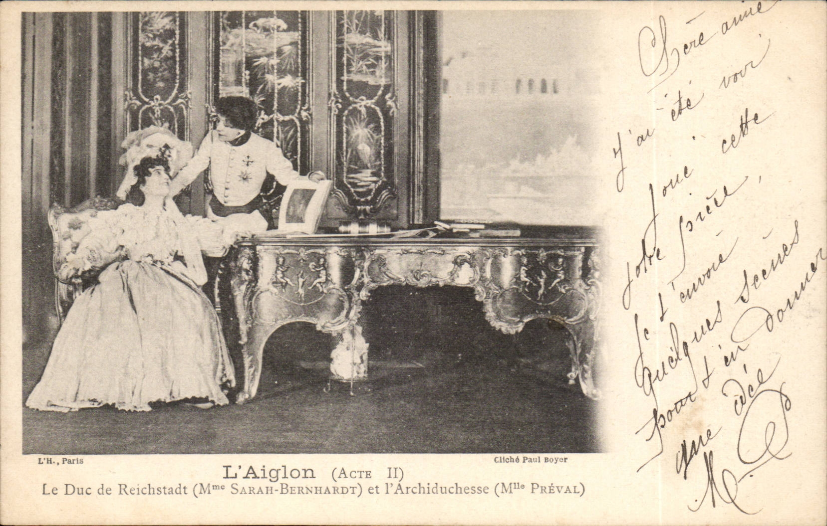 L'Aiglon (Acte II) — Le Duc de Reichstadt (Mme Sarah Bernhardt) et l'Archiduchesse (Mlle Préval) — Cliché Paul Boyer