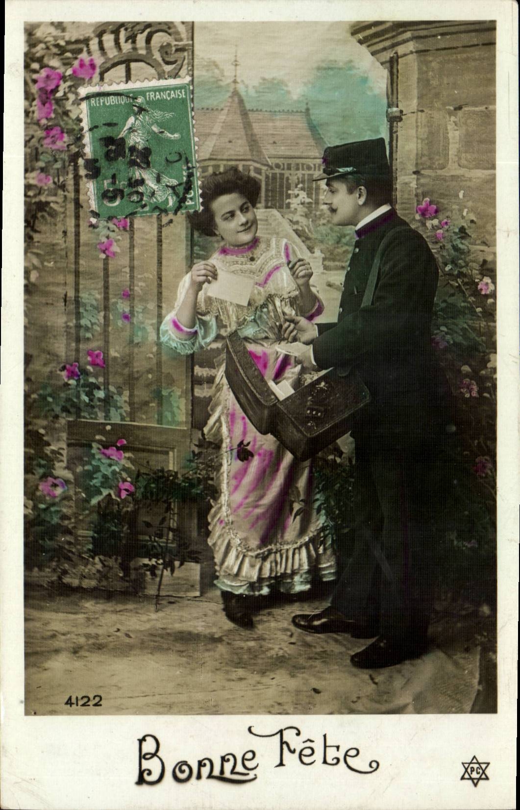 Jeune femme et facteur — Bonne Fête — Éditeur anonyme, n° 4122