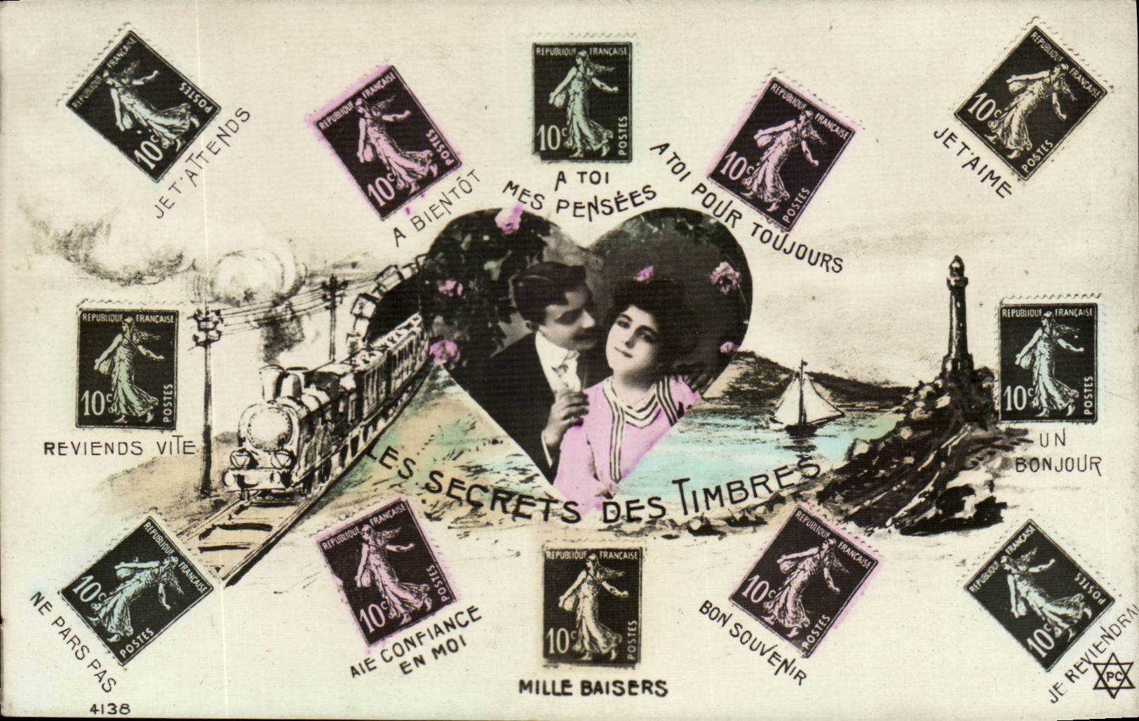 CPA Fantaisie Femme Les secrets des timbres Semeuse Train