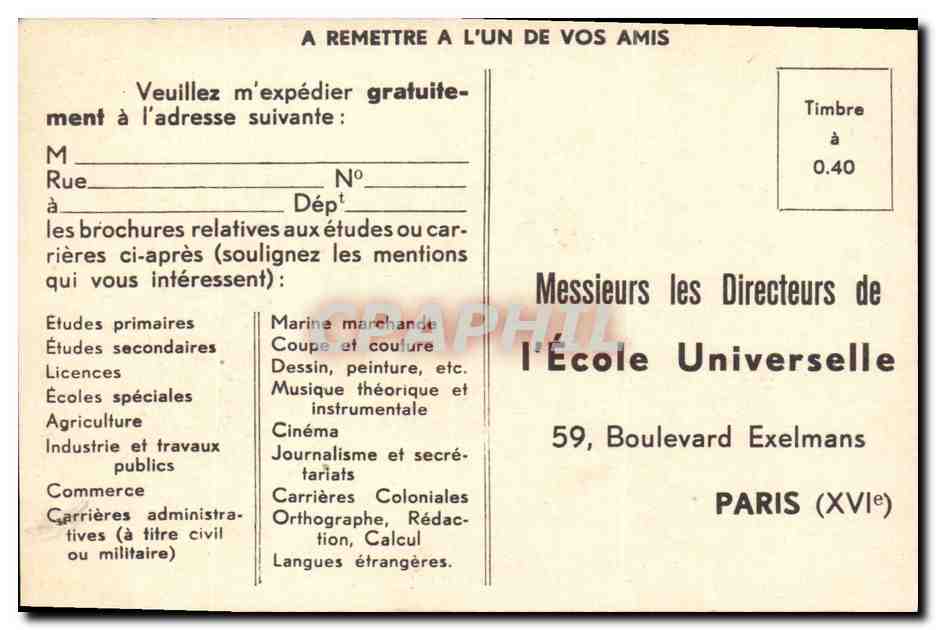 PARIS — ÉCOLE UNIVERSELLE — Inscripción de los estudiantes y envío de cursos. — Reverso