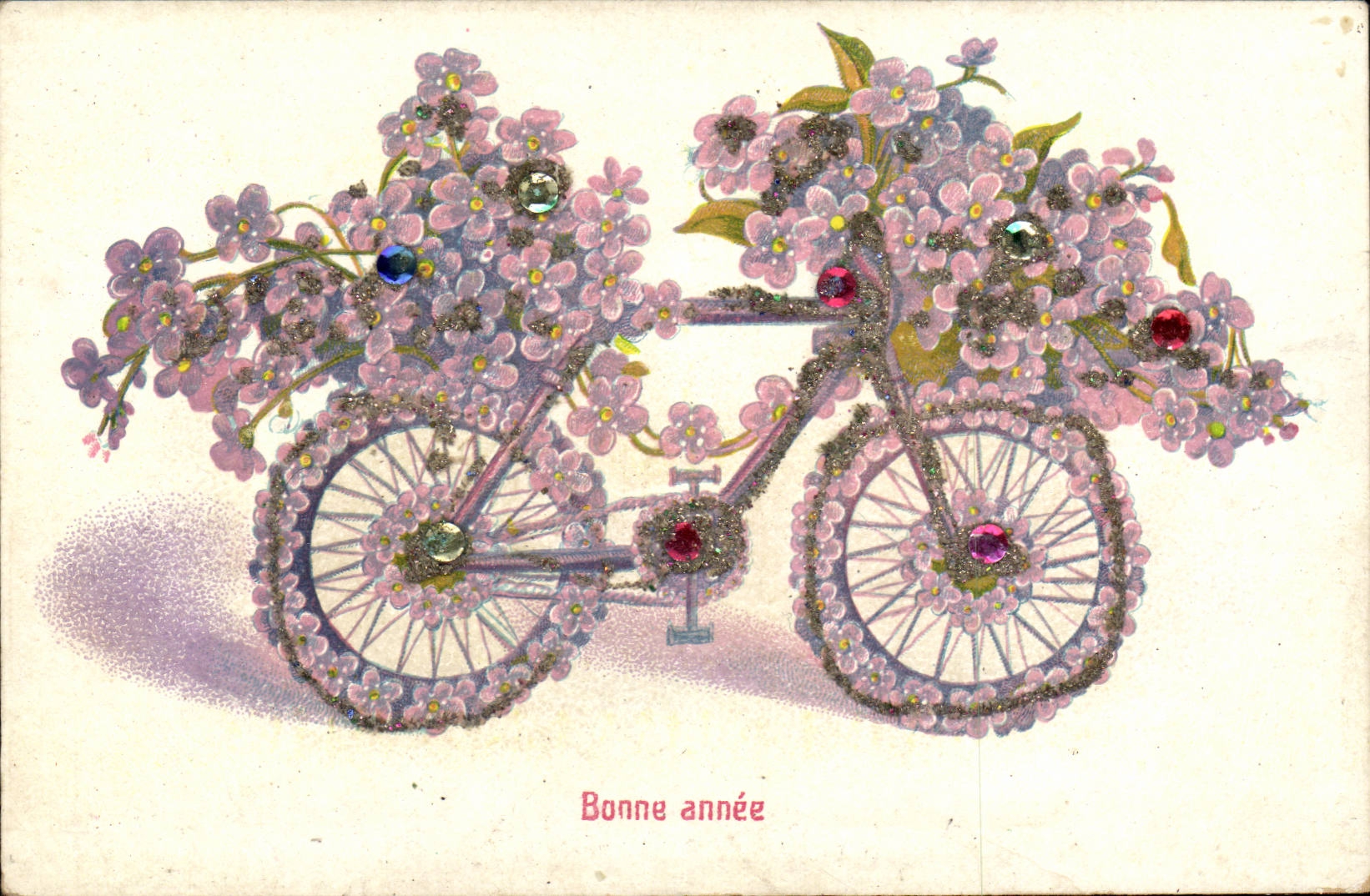 Bicyclette décorée de fleurs — Bonne année — éditeur non visible