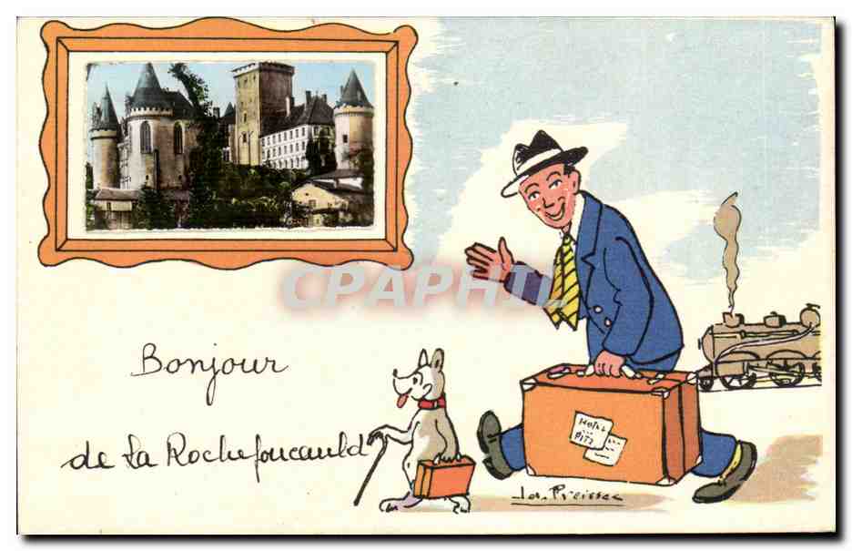 La Roquefort — Illustrierte Karte mit Reisenden und Hund — Los Piérisa